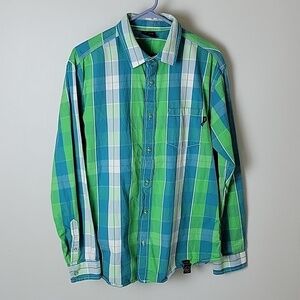 ELBRUS men's green blue, white plaid outdoor shirt.  100% cotton.  Size Large.